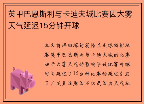 英甲巴恩斯利与卡迪夫城比赛因大雾天气延迟15分钟开球