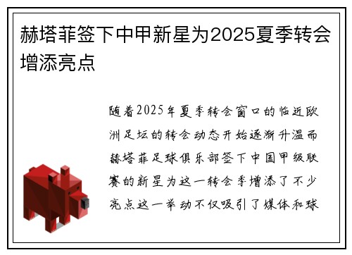 赫塔菲签下中甲新星为2025夏季转会增添亮点